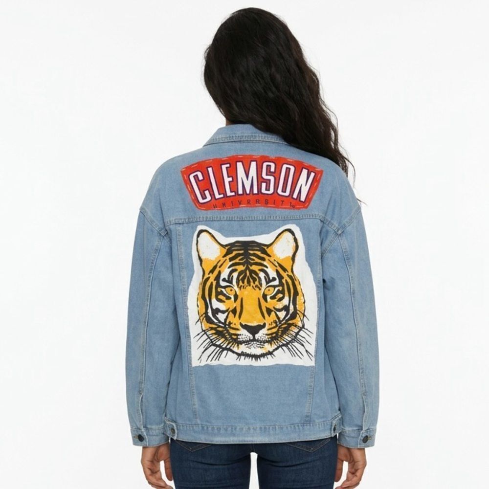 CLEMSON UNIVERSITY TIGERS Upcycled Blue Denim Jean Jacket Women’s Size Large